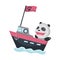 Cute panda animal sailing on boat. Vector funny cartoon sailor on ship steamer with water waves isolated on white