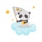 Cute panda bear sitting on a cloud with a net for catching stars, lovely animal cartoon character, good night design