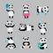 Cute panda bears in costumes playing, eating and sleeping - flat sticker pack