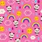 Cute panda bears rain drops rainbows clouds pattern