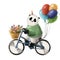 Cute panda on the bicycle, happy birthday clipart, hand drawn illustration