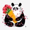 Cute panda with bouquet and garland hearts in flat and hand drawn styles. Vector illustration for Valentines day