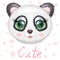 Cute panda cartoon girl face with bright expressive eyes with flowers and stars