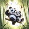 A cute panda couple swings playfully, on a study vine, in a bamboo forest, laugh in happy, sunlight, cartoon, anime art