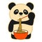 Cute panda eating noodles and uses chopsticks.