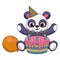 Cute panda in a festive cap with a cake, burning candles and a balloon. Happy birthday.