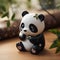 Cute panda figurine on a wooden table in the garden