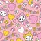 Cute panda girls, love and flowers on pink background vector cartoon pattern