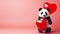 A cute panda holding a heart-shaped balloon, heart shaped balloons in the background. An adorable panda surrounded