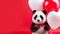 A cute panda holding a heart-shaped balloon, heart shaped balloons in the background. An adorable panda surrounded
