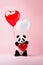 A cute panda holding a heart-shaped balloon, heart shaped balloons in the background. An adorable panda surrounded