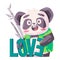 Cute panda holding love text with silly face funny character of black and white bear comic mascot