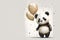 A cute panda holds a golden balloon in its paw on a light background with copy space.Generated AI