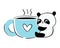 Cute panda hugging giant blue cup with hot drink. Tea or coffee lover. Vector cartoon illustration