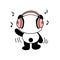 Cute panda listens to music on headphones. Hand drawn vector black and white icon. Modern style illustration for apparel