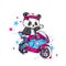 Cute panda on a motorcycle. Panda - biker. Funny Bear. Vector illustration for a card or poster.