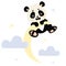 Cute panda is played and hangs on moon on white background with clouds. Vector illustration. Cute animal in scandinavian