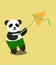 Cute panda playing with kite. Summer vacation. Image isolated on colored background. Vector illustration. Design element