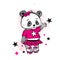 Cute Panda on roller skates. Pretty girl in a skirt. Vector illustration for a card or poster. Print on clothes. Childhood.