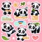 Cute panda stickers. Happy bears expression for emoji patches design, cool asian animals badges for kids vector pandas