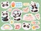 Cute panda stickers. Happy pandas patches, cool animals and winked panda sticker vector illustration set