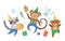 Cute party animals jumping with joy. Funny birthday card or invitation design. Bright vector illustration with sweet characters