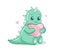 Cute pastel baby dino holding a big pink heart. Isolated kawaii animal children drawing