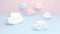 Cute pastel clouds Pink 3d clouds set isolated on a light pastel background. Render magic clouds icon in the blue sky