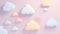 Cute pastel clouds Pink 3d clouds set isolated on a light pastel background. Render magic clouds icon in the blue sky