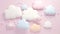 Cute pastel clouds Pink 3d clouds set isolated on a light pastel background. Render magic clouds icon in the blue sky