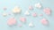 Cute pastel clouds Pink 3d clouds set isolated on a light pastel background. Render magic clouds icon in the blue sky