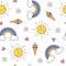 Cute pastel seamless pattern with ice cream, sun, flowers and rainbows