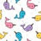 Cute pastel whale seamless patern colorful with unicorn horn