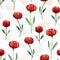 Cute pattern with bright red watercolor poppies