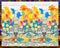 Cute pattern with countryside scene - colorful flowering trees and cozy houses on the background of hilly landscape