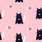 Cute pattern with fish bones and black cats on pink background. Ornament for textile and wrapping. Vector
