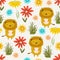 Cute pattern with little lions, grass and flowers