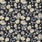 Cute pattern in small flowers witd eucalyptus. Small grey, yellow flowers. Exotic black background. Seamless floral pattern,