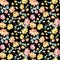 Cute pattern in small flowers witd eucalyptus. Small pink, yellow flowers. Exotic black background. Seamless floral pattern,