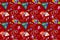 Cute pattern wallpaper, cartoon style, seamless, red background, colorful guppy pattern, can be connected infinitely, for printing