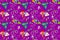 Cute pattern wallpaper, seamless cartoon style, dark purple background, colorful guppy pattern, can be connected infinitely, for