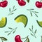 Cute patterns with juicy cherries, green branches and lime slices. Colorful endless background for decoration. Bright