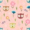Cute peach color pattern with owl heads and flower
