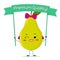 Cute pear green cartoon character with bow and earrings. Smiles and holds a premium quality poster.