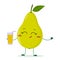 Cute pear green cartoon character holding a glass with juice.