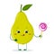 Cute pear green cartoon character holds a lollipop.