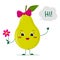 Cute pear green cartoon character with a pink bow holding a flower and welcomes.