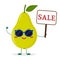 Cute pear green cartoon character in sunglasses keeps a sale sign.