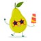 Cute pear green cartoon character in sunglasses star in the hands of a colorful ice cream.