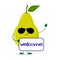 Cute pear green character in sunglasses keeps the signboard welcome.